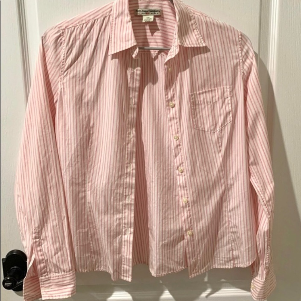 Ralph Lauren Classic Pink Striped Button Down Blouse Sz M